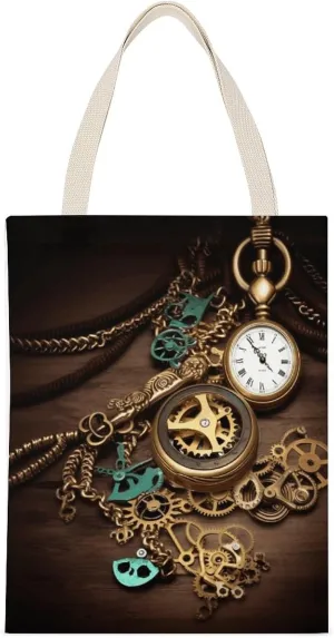 Work Tote Bag, Steampunk Watches Keys And Chains Print All-purpose Tote Bag Canvas Tote Bag Fashion Canvas Bag Multipurpose Canvas Bag