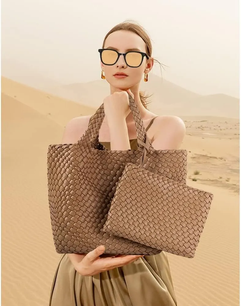 Woven Bag for Women Large Tote Bag with Clutch PU Leather Handwoven Beach Bag Satchel Handmade Casual Purses 2023