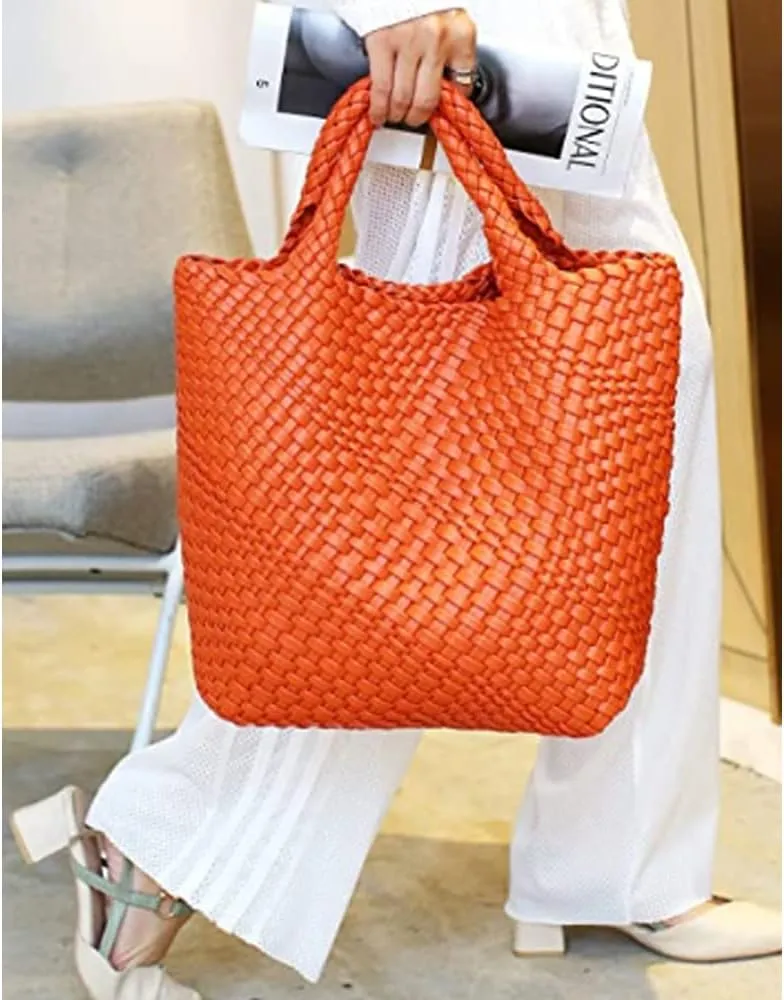 Woven Bag for Women Large Tote Bag with Clutch PU Leather Handwoven Beach Bag Satchel Handmade Casual Purses 2023