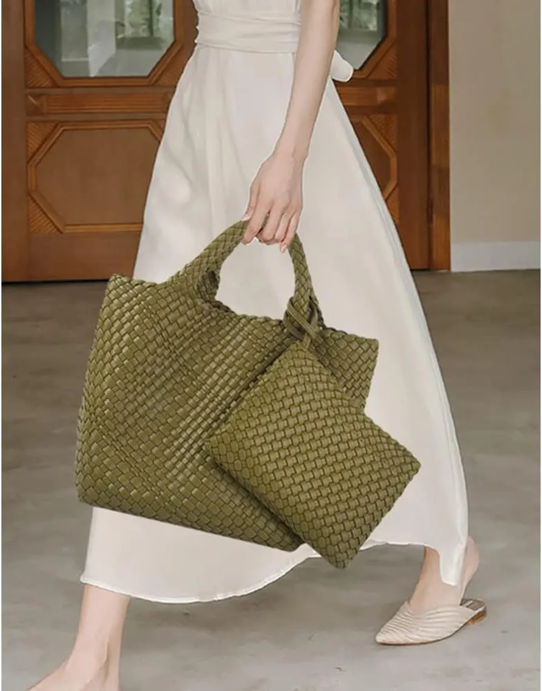 Woven Bag for Women Large Tote Bag with Clutch PU Leather Handwoven Beach Bag Satchel Handmade Casual Purses 2023