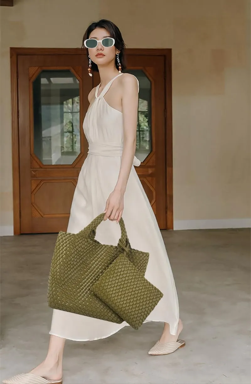 Woven Bag for Women Large Tote Bag with Clutch PU Leather Handwoven Beach Bag Satchel Handmade Casual Purses 2023