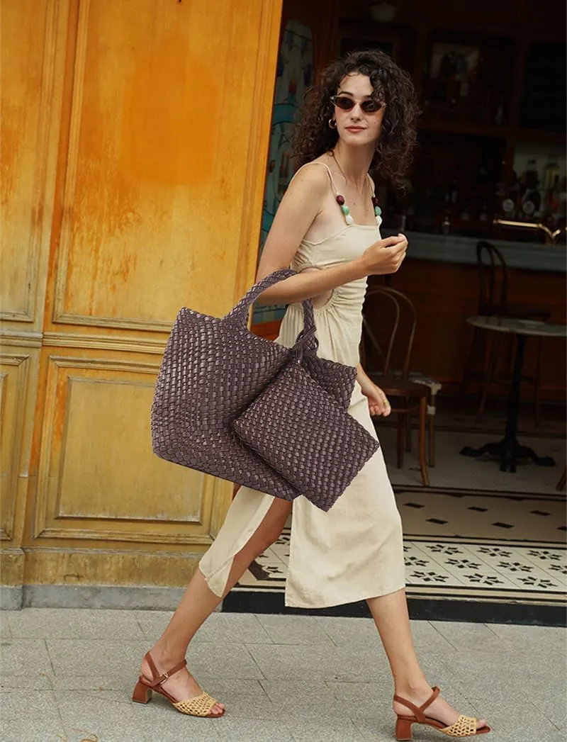 Woven Bag for Women Large Tote Bag with Clutch PU Leather Handwoven Beach Bag Satchel Handmade Casual Purses 2023