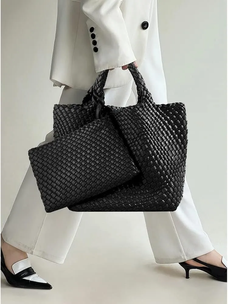 Woven Bag for Women Large Tote Bag with Clutch PU Leather Handwoven Beach Bag Satchel Handmade Casual Purses 2023