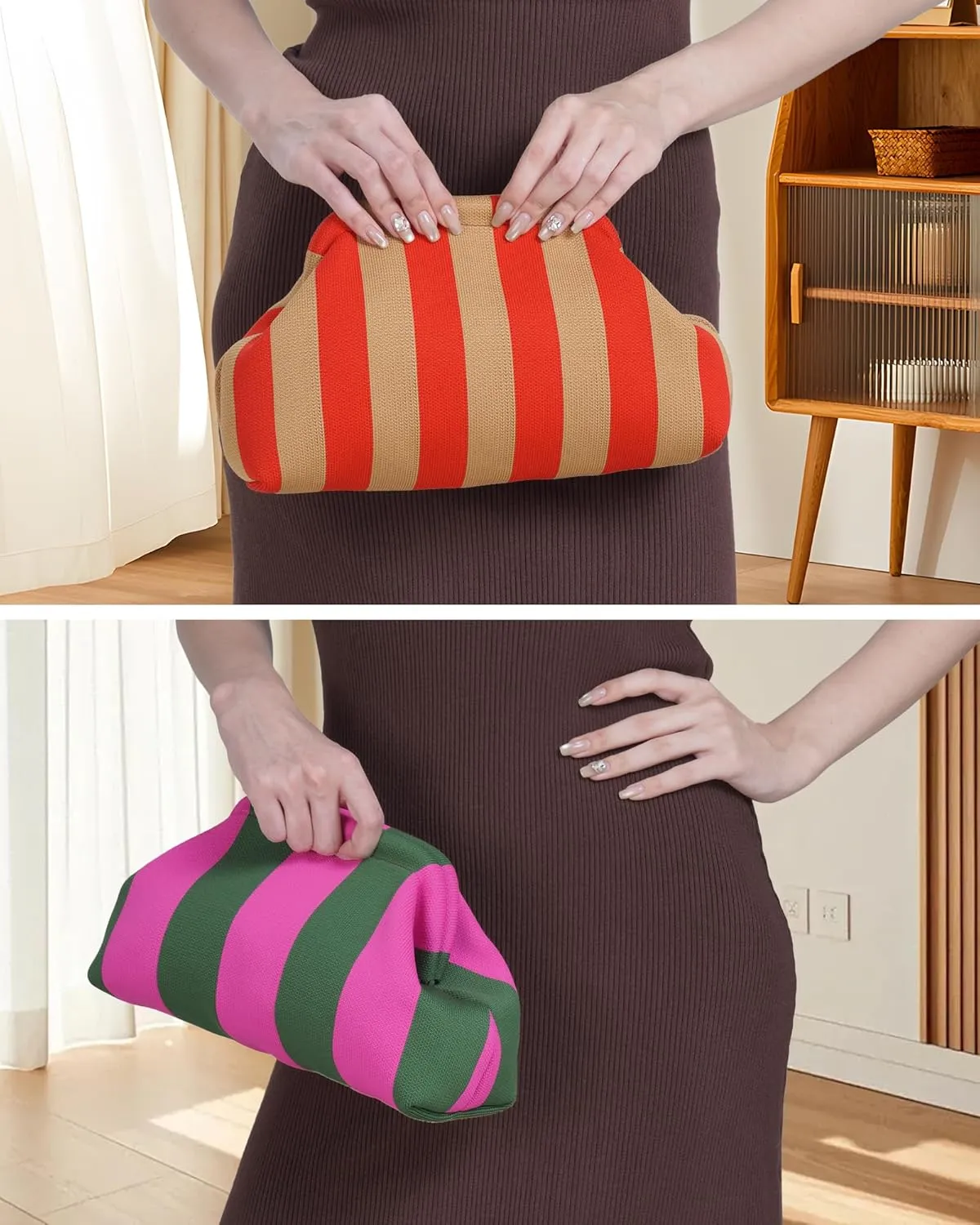 Woven Clutch Purses for Women,Summer Beach Purse for Vacation, Woven Striped Dumpling Bag,Crochet Evening Bags