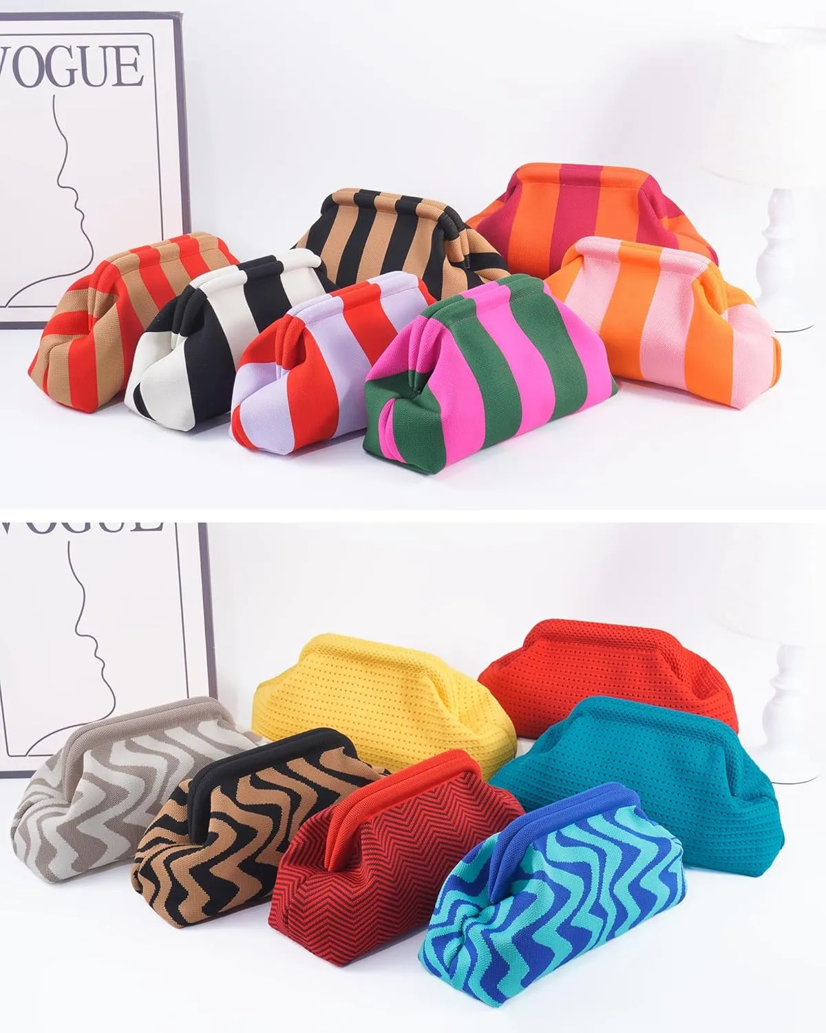 Woven Clutch Purses for Women,Summer Beach Purse for Vacation, Woven Striped Dumpling Bag,Crochet Evening Bags