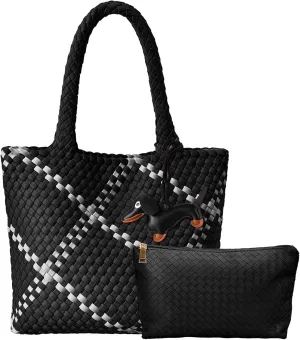 Woven Tote Bag Women Purse, Vegan Leather Shoulder Handbag Summer Beach Tote Bags Large Travel Bag