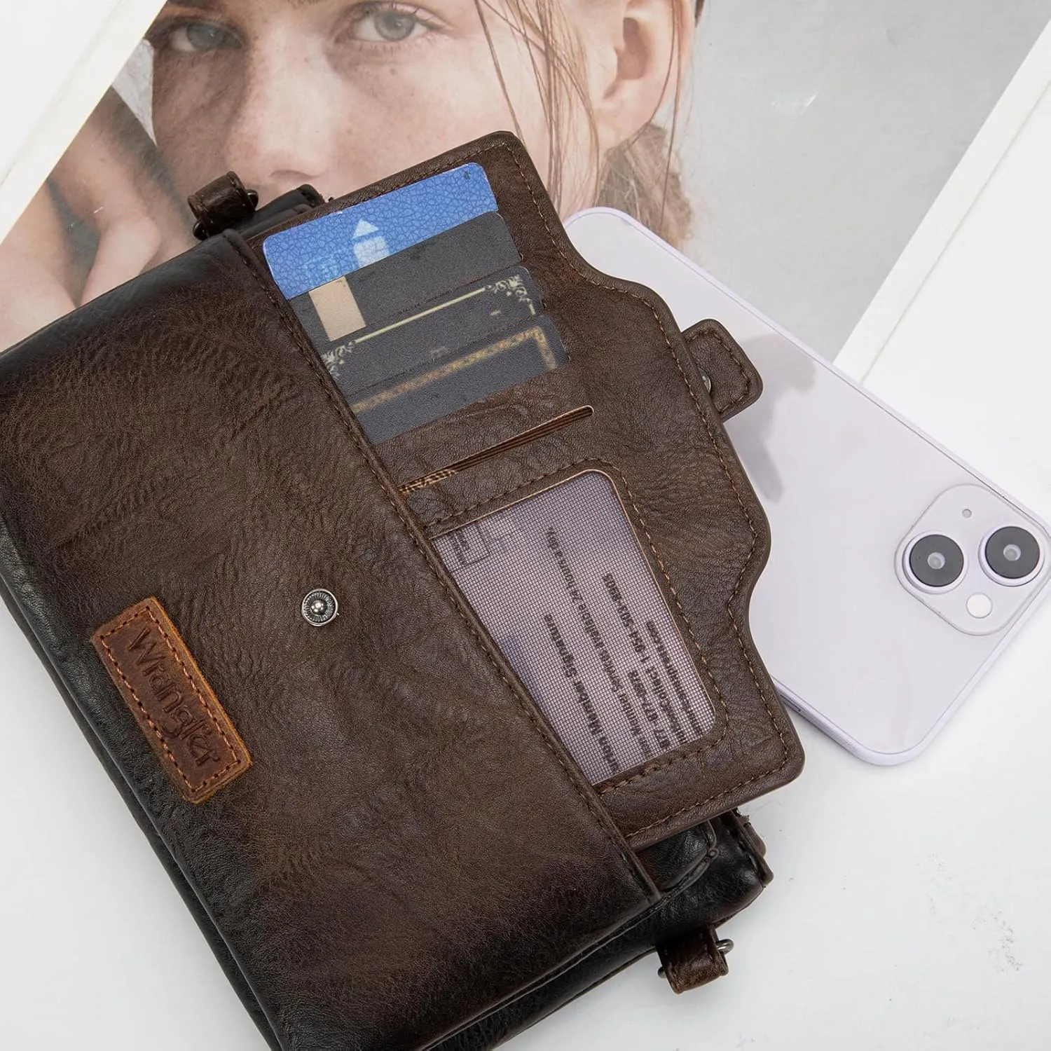 Wrangler Distressed Crossbody Purses for Women Multi-function Card Holder Wallet Small Purse with Double Zipper