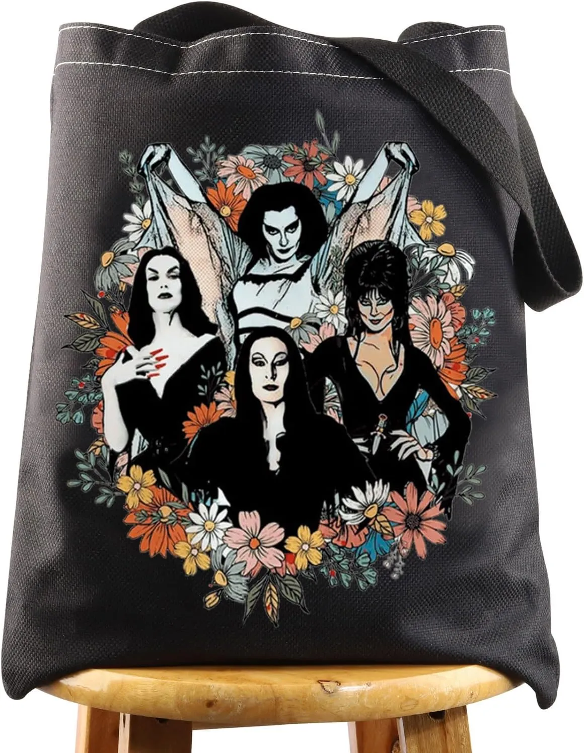 WZMPA Goth Queens With Flowers Cosmetic Bag Lily & Morticia & Vampira Fans Gifts Ghoul Gang Makeup Zipper Pouch Bag (Goth Queens -T BL)