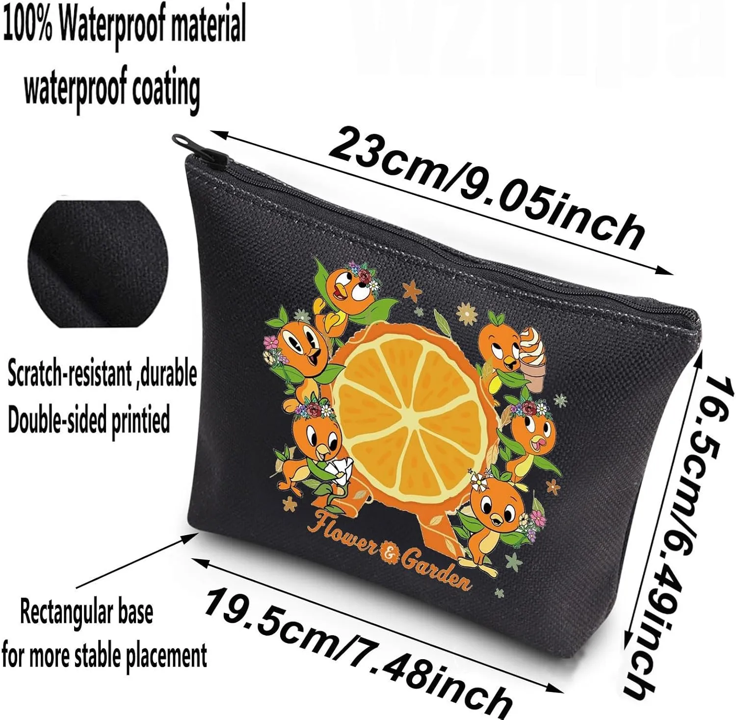 WZMPA Orange Bird Cosmetic Bag Orange Bird Lovers Gift Flower and Garden Orange Bird Makeup Zipper Pouch Bag (Flower＆Garden-BL)