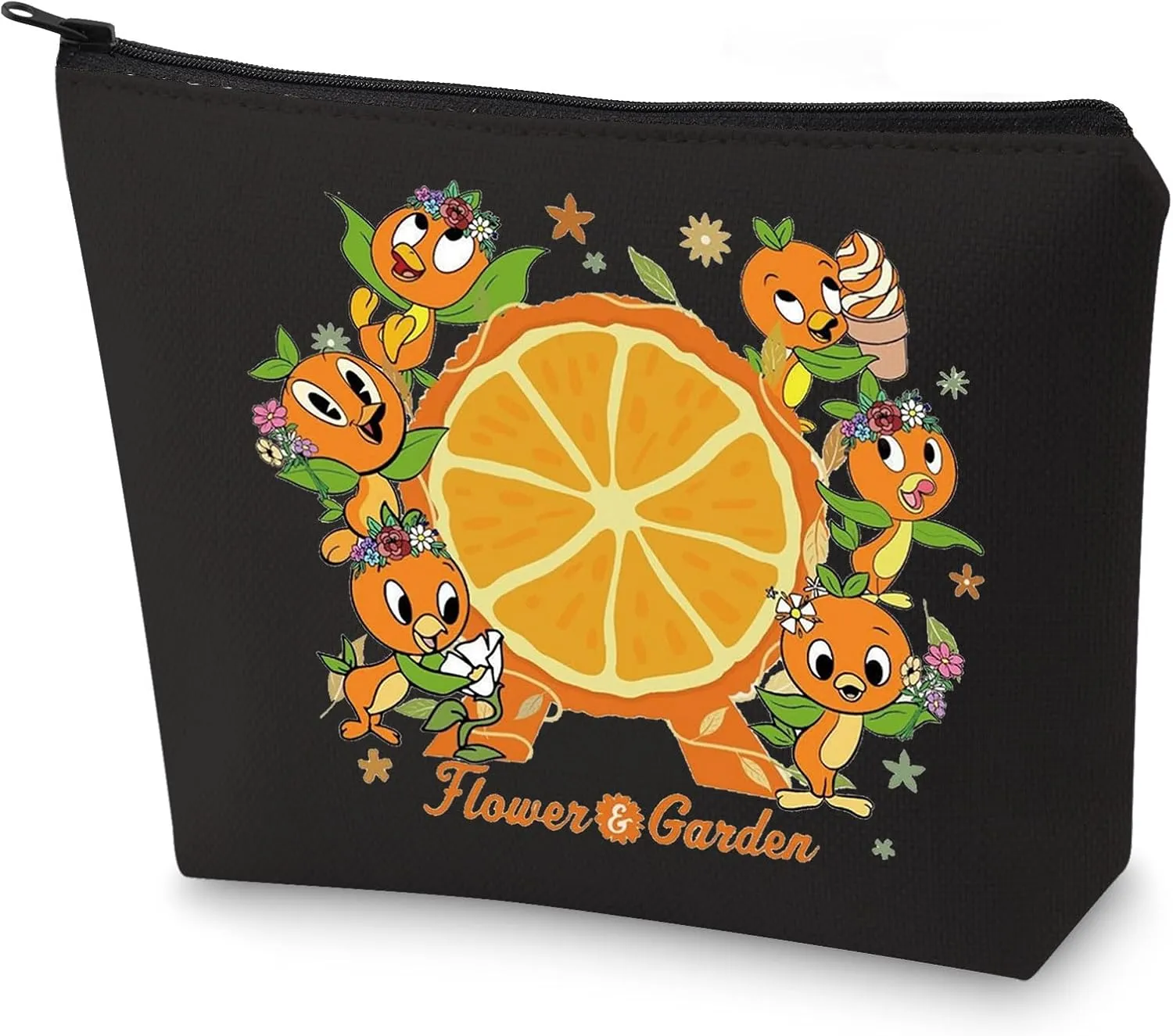 WZMPA Orange Bird Cosmetic Bag Orange Bird Lovers Gift Flower and Garden Orange Bird Makeup Zipper Pouch Bag (Flower＆Garden-BL)