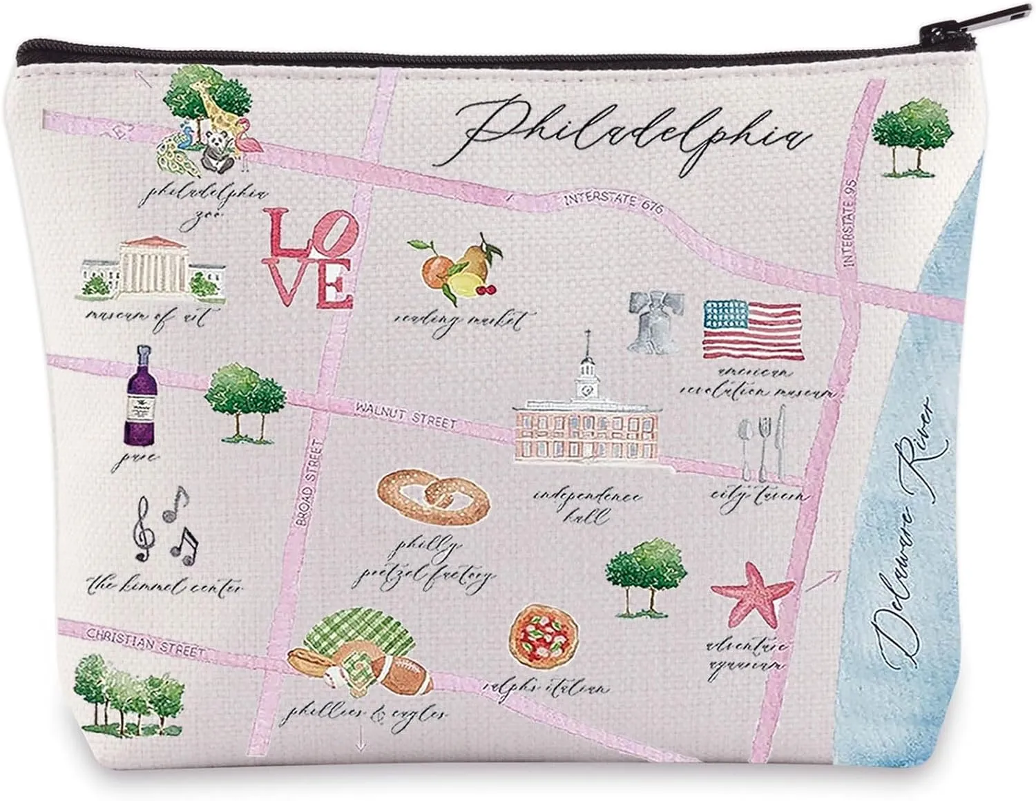WZMPA Philadelphia City Map Cosmetic Bag - Travel Souvenir Gift - Long Distance Relationship Makeup Zipper Pouch