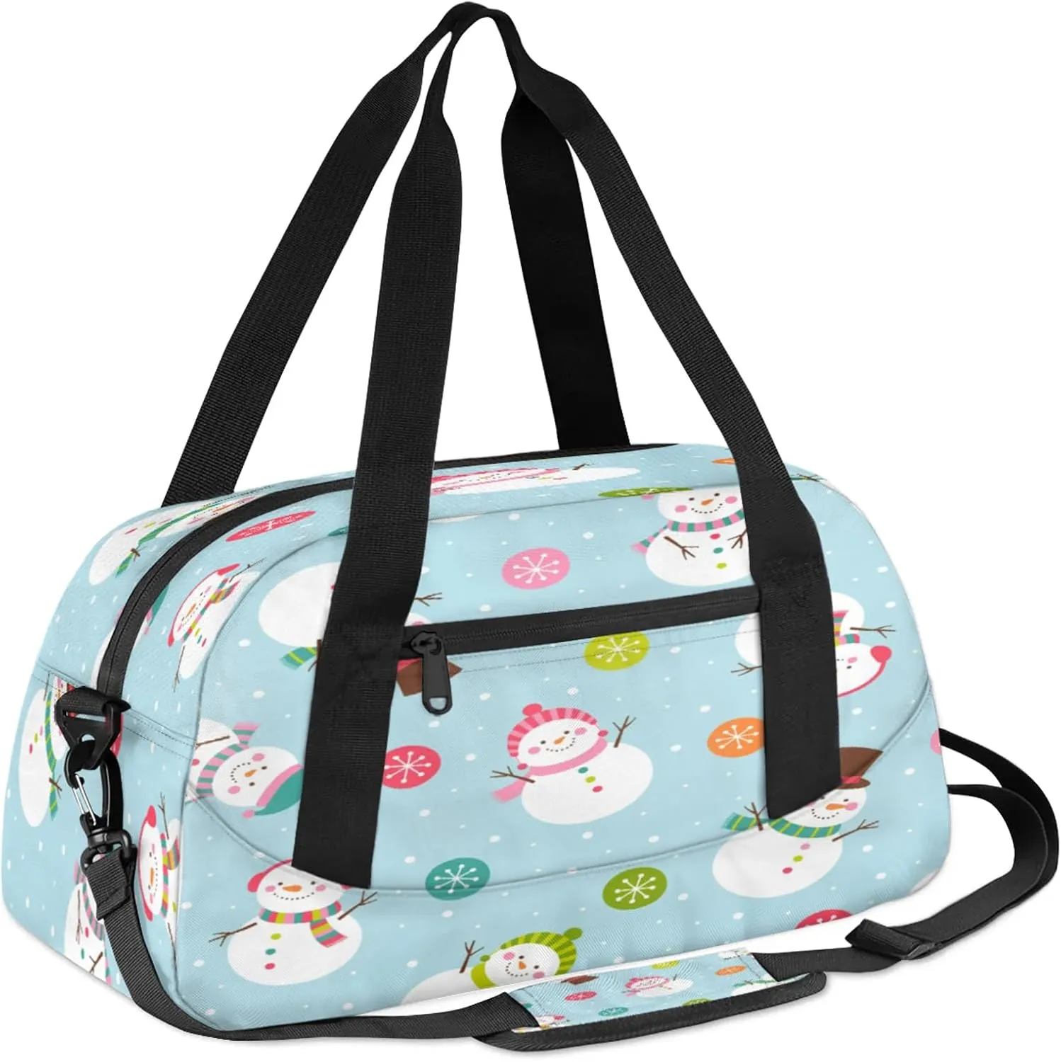 Xmas Snowman Pattern Kids Duffel Bag Lightweight Waterproof Sports Gym Bag with Front Zipper Pocket Foldable Weekender Overnight Bag for School Practice Gymnastic Ballet