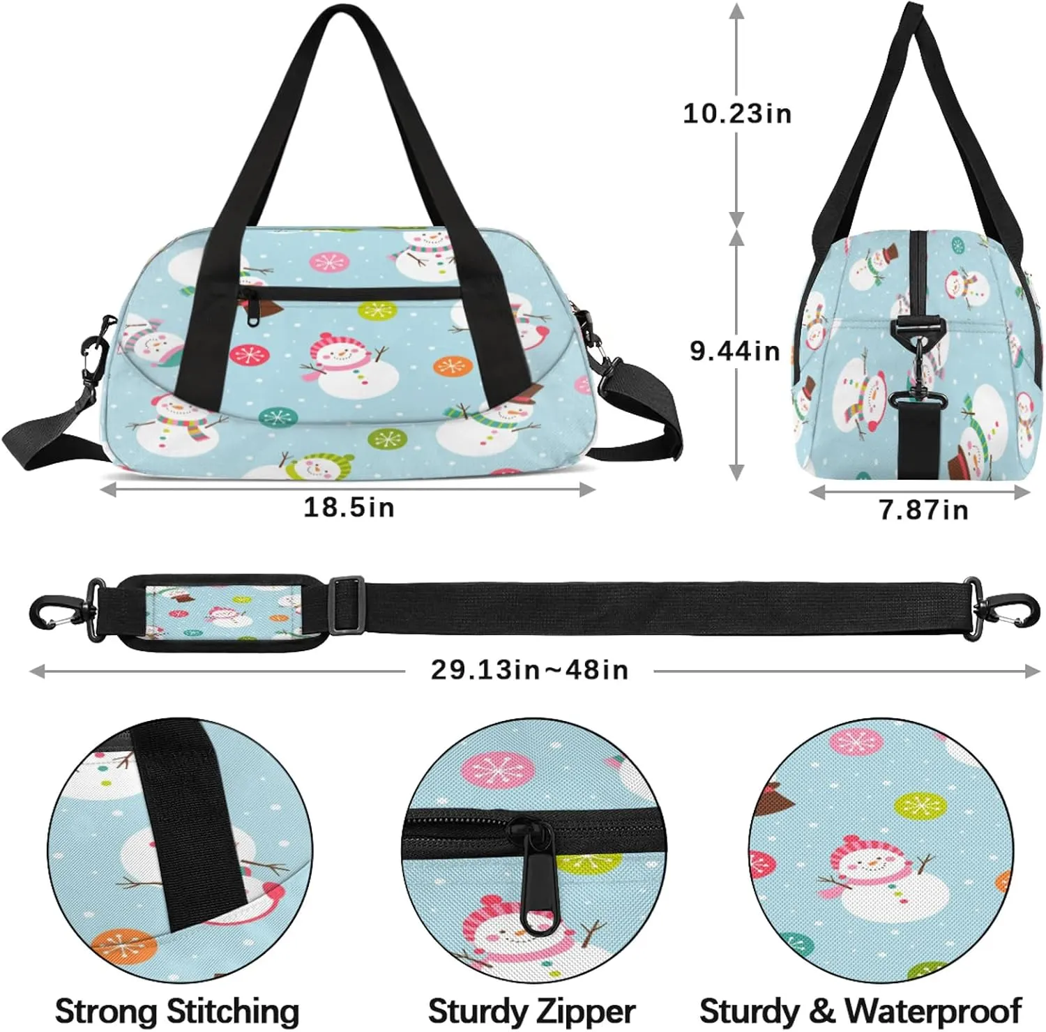 Xmas Snowman Pattern Kids Duffel Bag Lightweight Waterproof Sports Gym Bag with Front Zipper Pocket Foldable Weekender Overnight Bag for School Practice Gymnastic Ballet