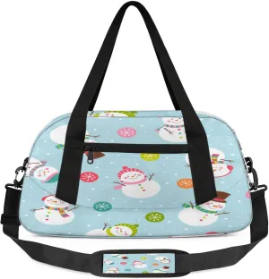 Xmas Snowman Pattern Kids Duffel Bag Lightweight Waterproof Sports Gym Bag with Front Zipper Pocket Foldable Weekender Overnight Bag for School Practice Gymnastic Ballet