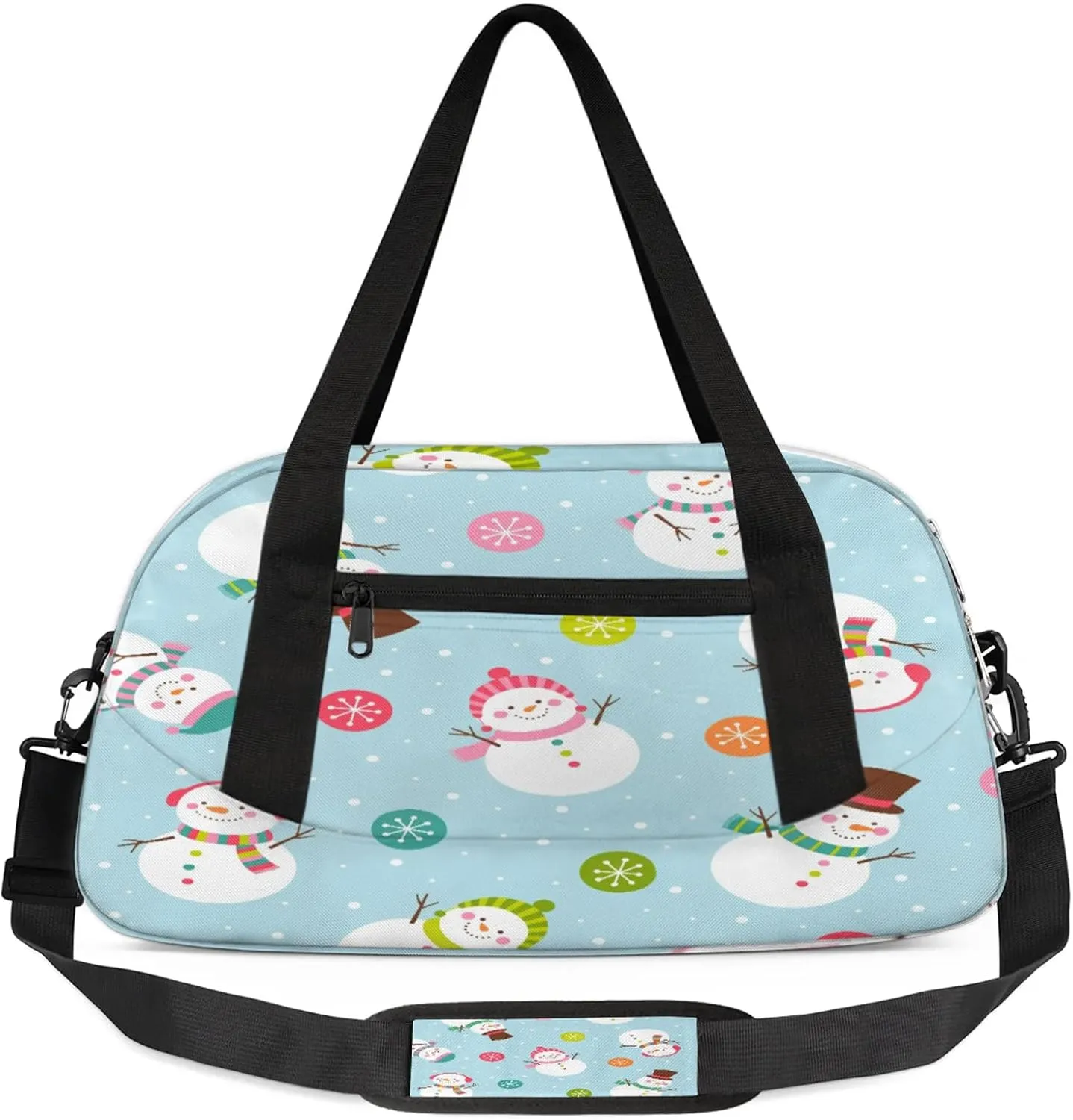 Xmas Snowman Pattern Kids Duffel Bag Lightweight Waterproof Sports Gym Bag with Front Zipper Pocket Foldable Weekender Overnight Bag for School Practice Gymnastic Ballet