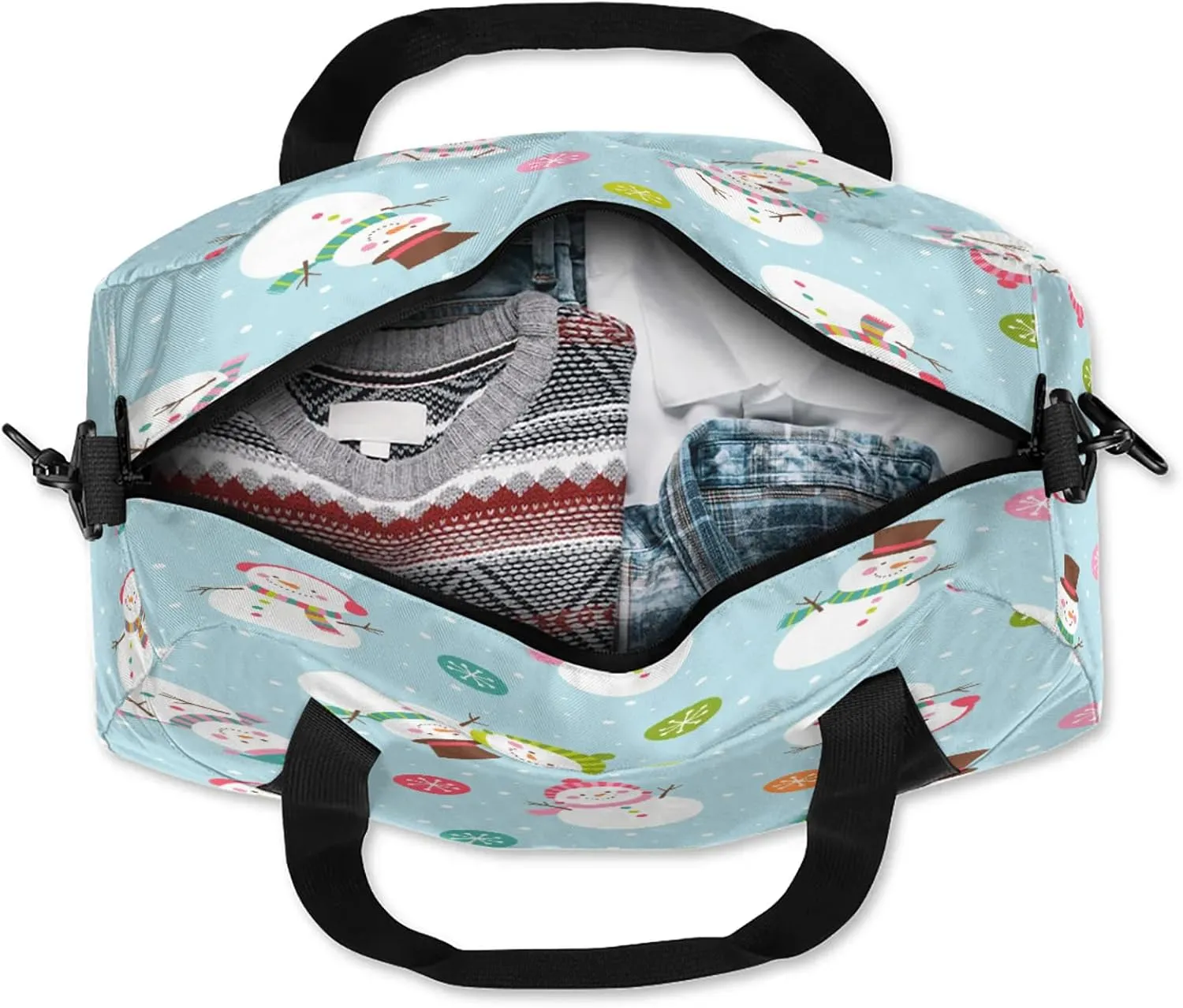 Xmas Snowman Pattern Kids Duffel Bag Lightweight Waterproof Sports Gym Bag with Front Zipper Pocket Foldable Weekender Overnight Bag for School Practice Gymnastic Ballet
