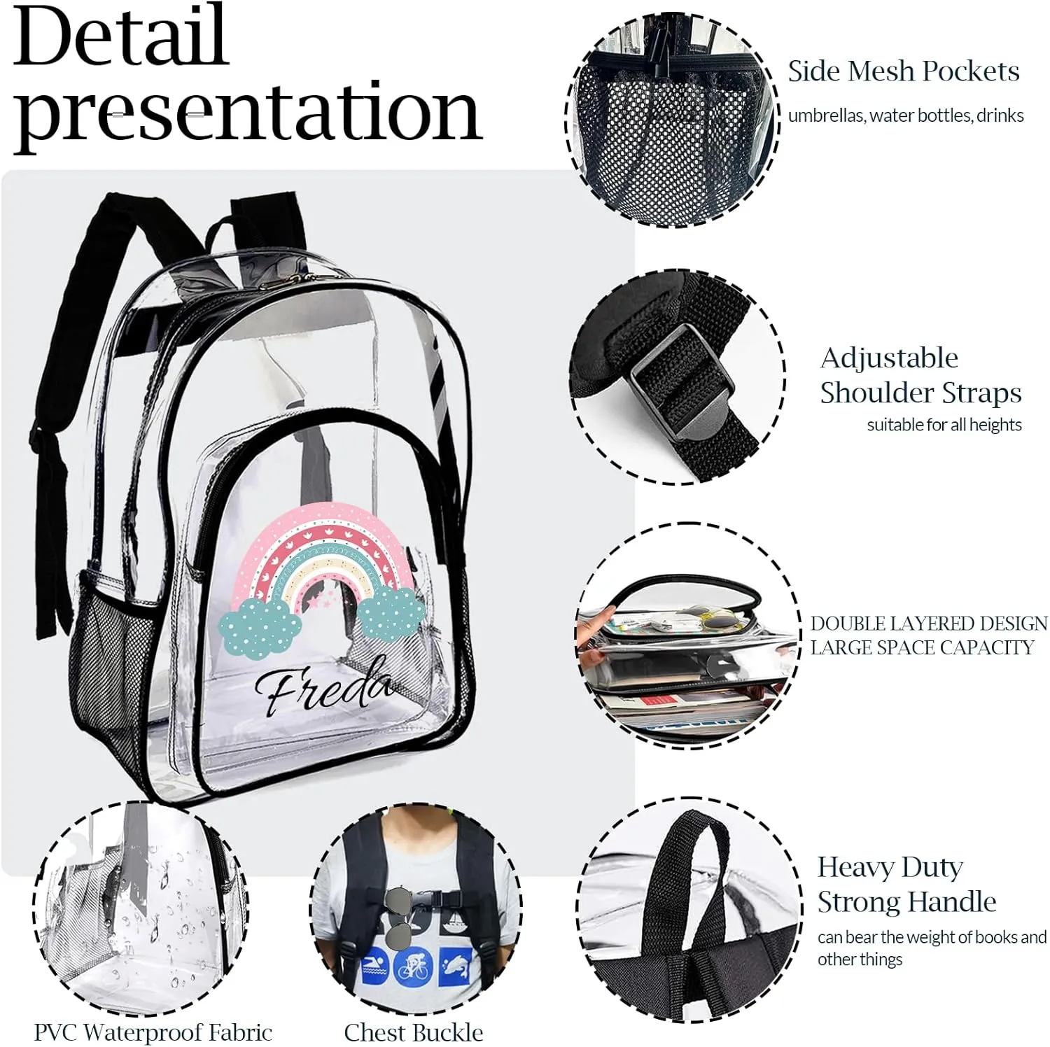 xrlsg Custom Clear Backpack Personalized Backpacks for School Water Resistant PVC Transparent Backpacks for Office Travel Outdoor-Rainbow
