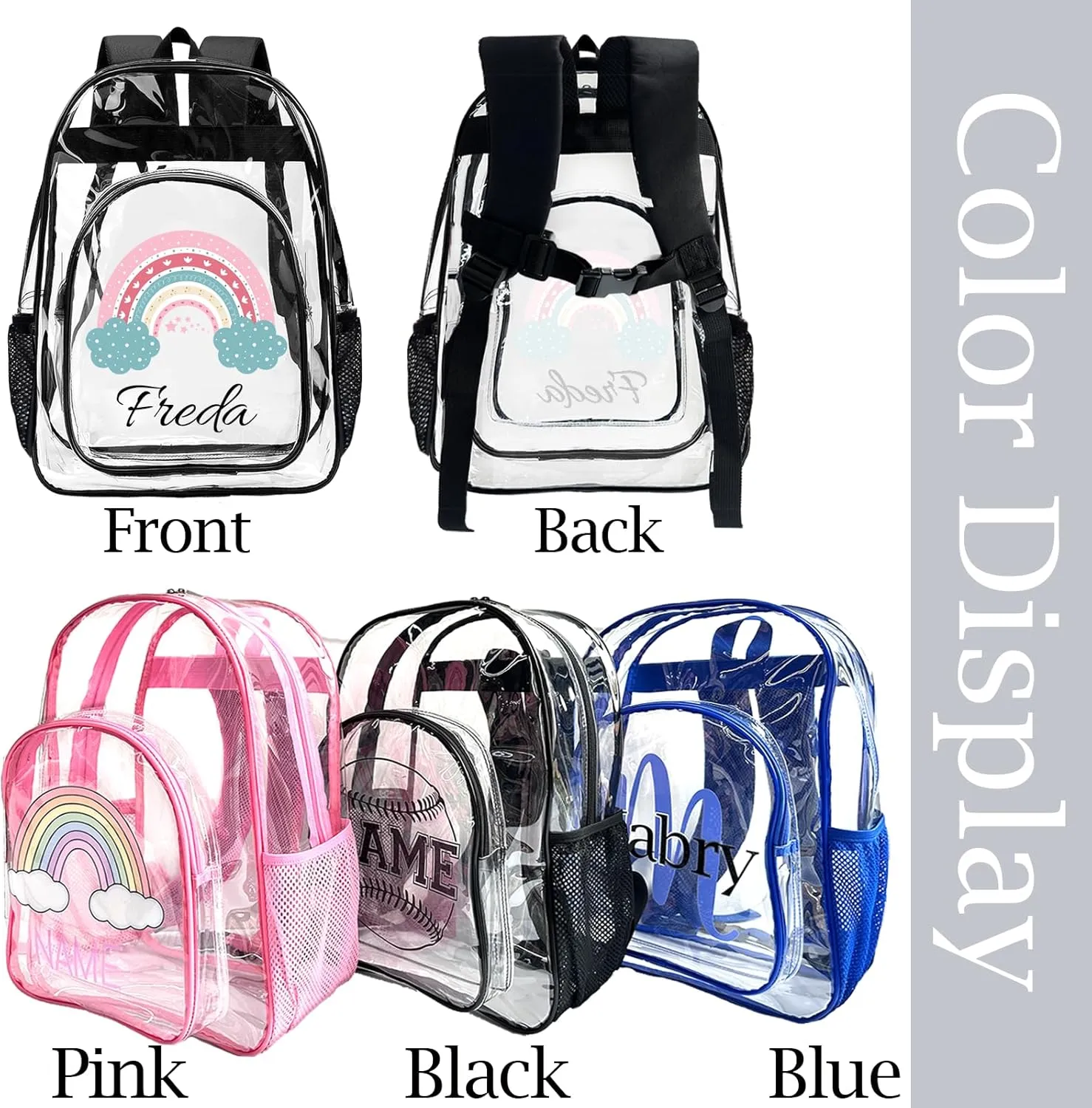 xrlsg Custom Clear Backpack Personalized Backpacks for School Water Resistant PVC Transparent Backpacks for Office Travel Outdoor-Rainbow