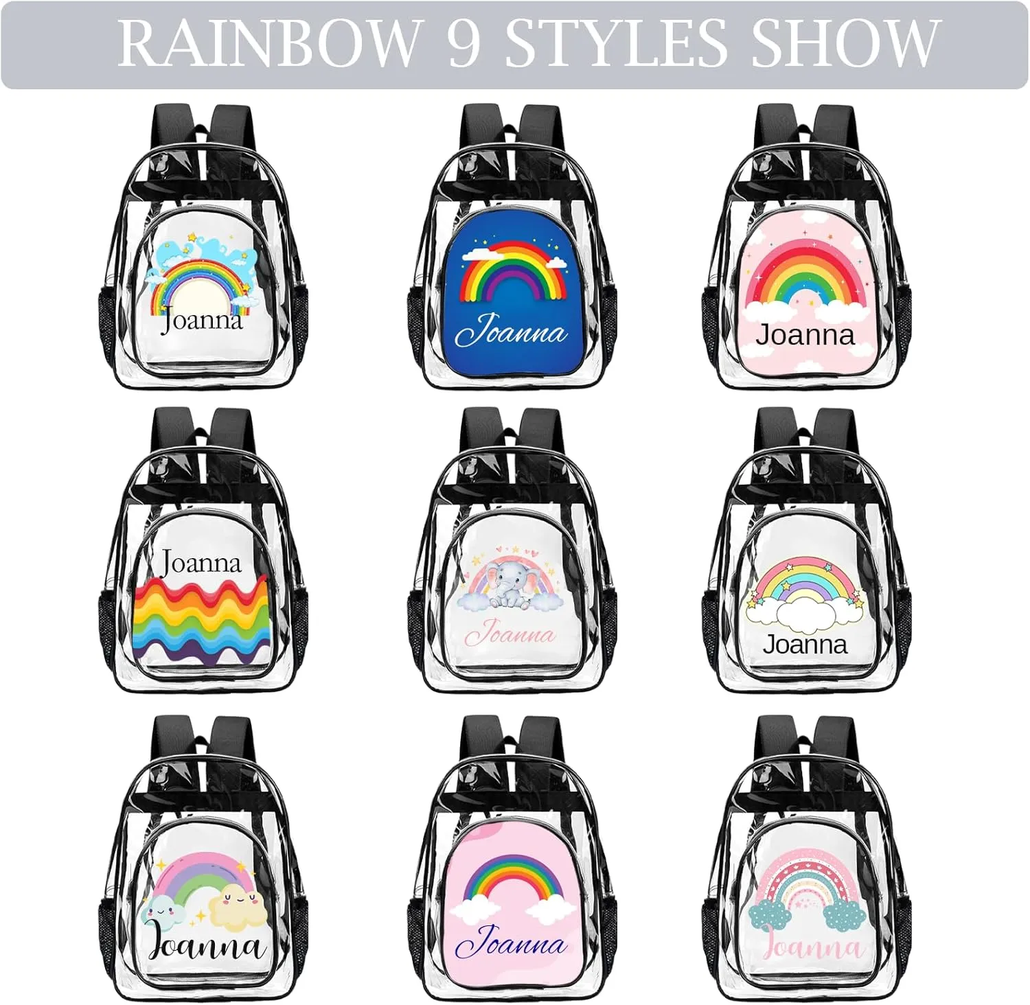 xrlsg Custom Clear Backpack Personalized Backpacks for School Water Resistant PVC Transparent Backpacks for Office Travel Outdoor-Rainbow