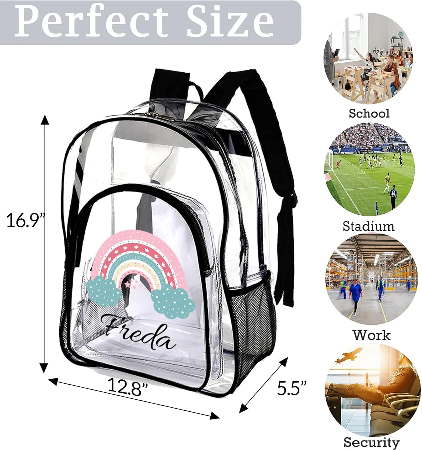 xrlsg Custom Clear Backpack Personalized Backpacks for School Water Resistant PVC Transparent Backpacks for Office Travel Outdoor-Rainbow