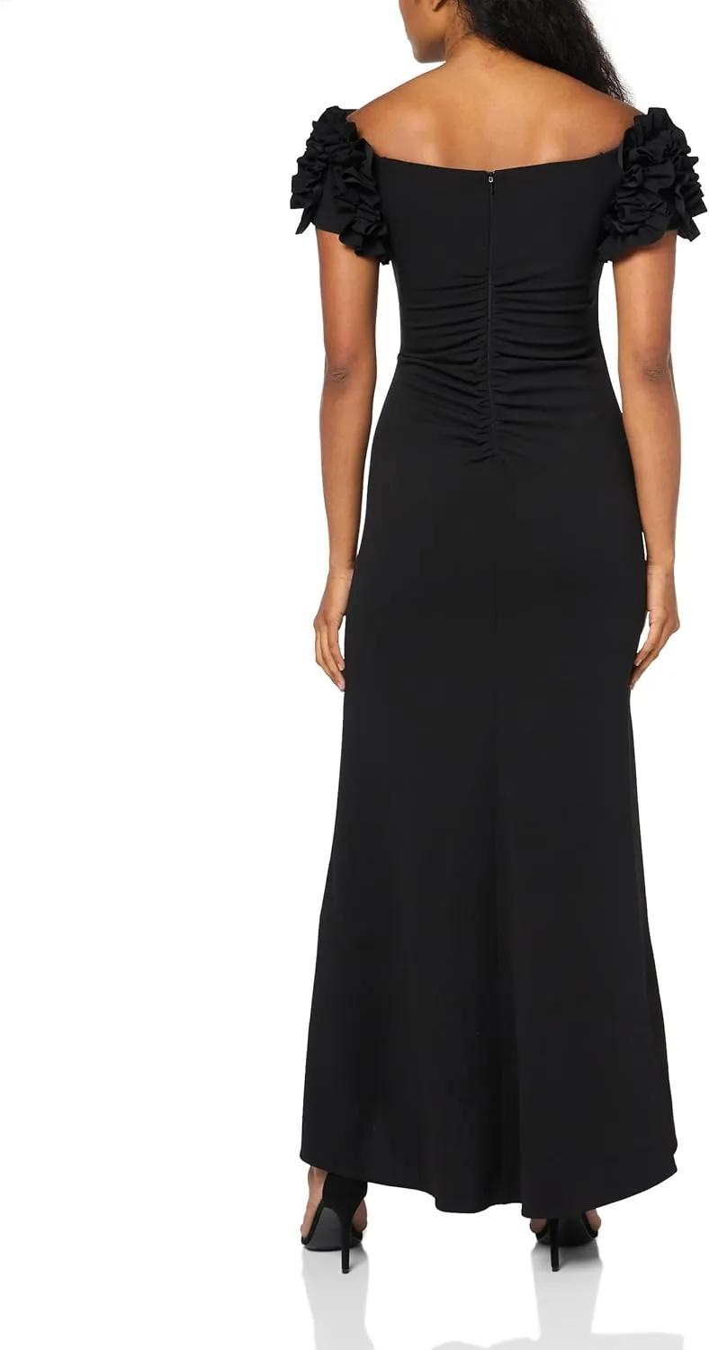 Xscape Women's Off The Shoulder Ruffle Scuba Crepe Floor Length Long Dress