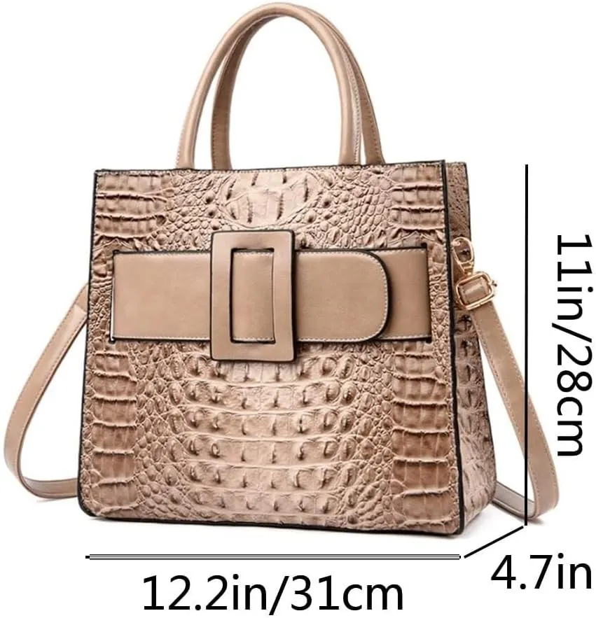 XXGJOALD-Vintage Top-handle Handbags Purse Satchel for Women PU Crocodile Pattern Tote Commuter Bag Crossbody Shoulder Bag