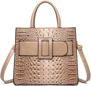 XXGJOALD-Vintage Top-handle Handbags Purse Satchel for Women PU Crocodile Pattern Tote Commuter Bag Crossbody Shoulder Bag