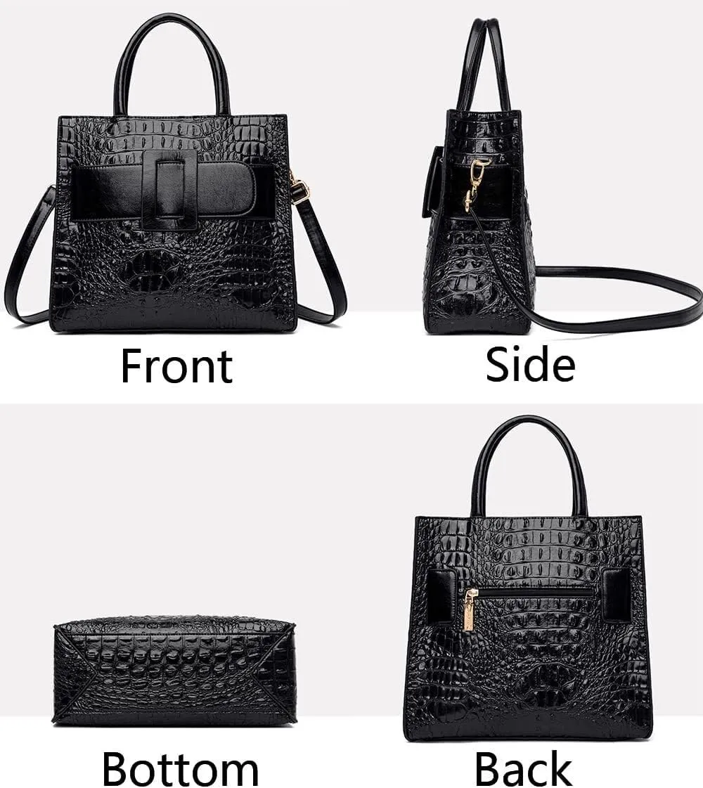 XXGJOALD-Vintage Top-handle Handbags Purse Satchel for Women PU Crocodile Pattern Tote Commuter Bag Crossbody Shoulder Bag