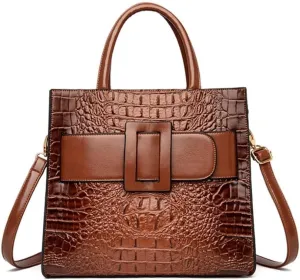 XXGJOALD-Vintage Top-handle Handbags Purse Satchel for Women PU Crocodile Pattern Tote Commuter Bag Crossbody Shoulder Bag