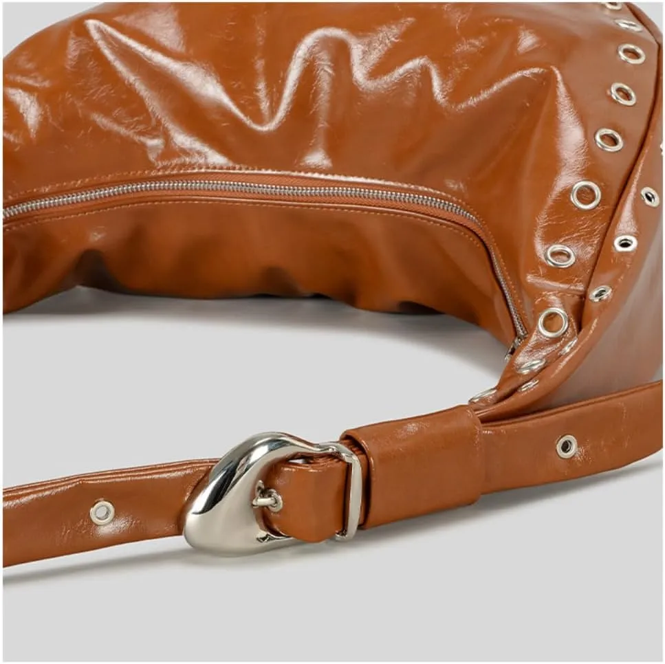 Y2K Emo Studded Purse Bag Women Vintage Leather Crescent Shoulder Bag Fairy Grunge Handheld Tote Punk Goth Clutch
