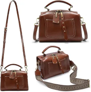 YALUXE Retro Style Genuine Leather Crossbody Bags Top Handle Handbags Purses Shoulder Bags Mini Trunk Bags for Women