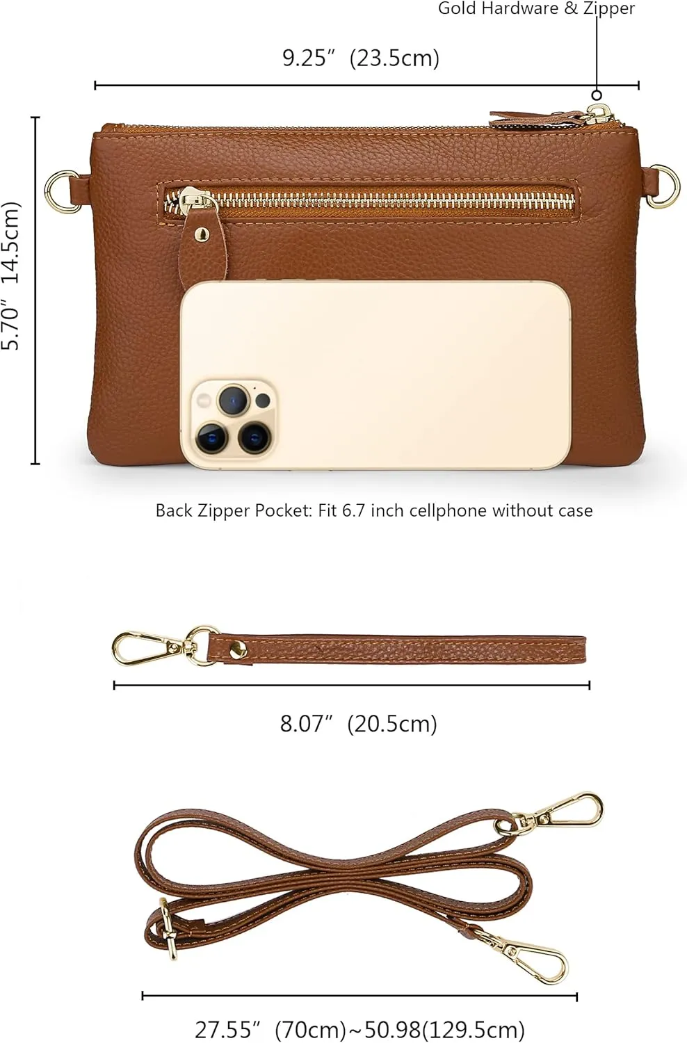YALUXE Women's Genuine Leather Wristlet Purse Clutch Handbag with Phone Pocket Card Holder and Crossbody Strap