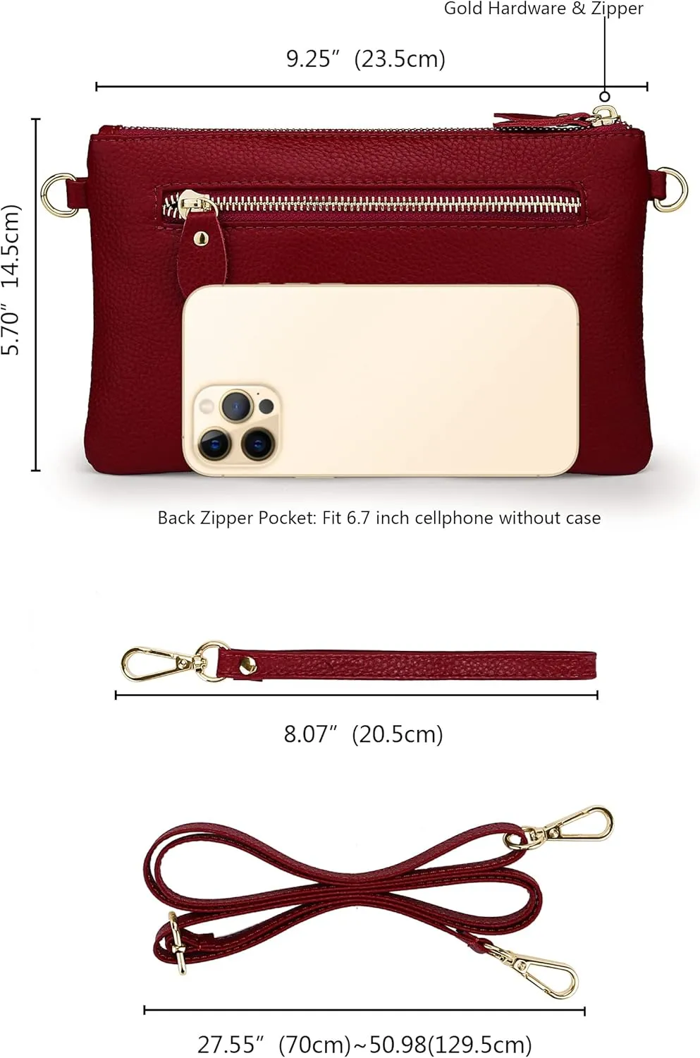 YALUXE Women's Genuine Leather Wristlet Purse Clutch Handbag with Phone Pocket Card Holder and Crossbody Strap