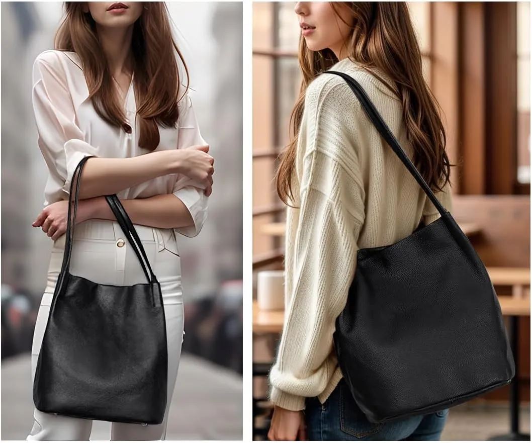 YALUXE Women's Soft Genuine Leather Tote Bucket Bags Hobo Shoulder Bags Trendy Purse and Handbags