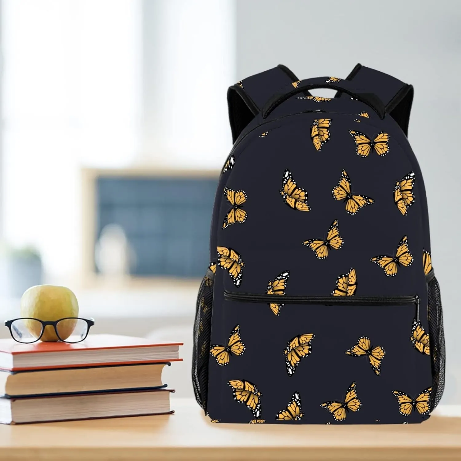 Yellow Butterfly Black Background Casual School Backpack for Teen Girls Boys, Shoulder Bag for Men Women