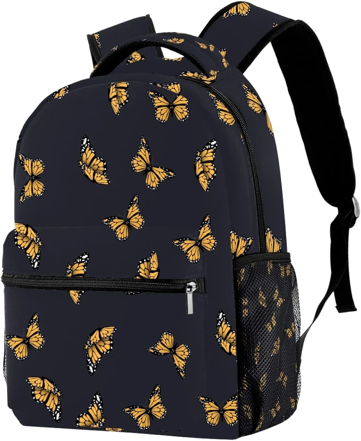 Yellow Butterfly Black Background Casual School Backpack for Teen Girls Boys, Shoulder Bag for Men Women