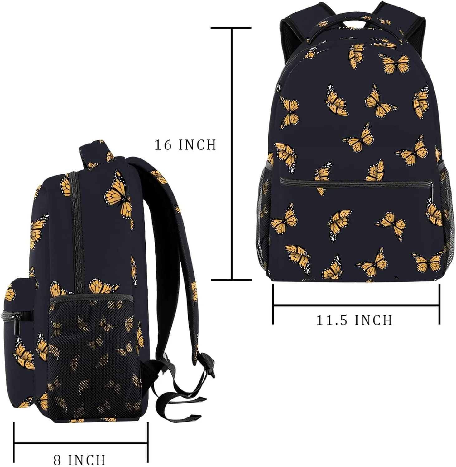 Yellow Butterfly Black Background Casual School Backpack for Teen Girls Boys, Shoulder Bag for Men Women