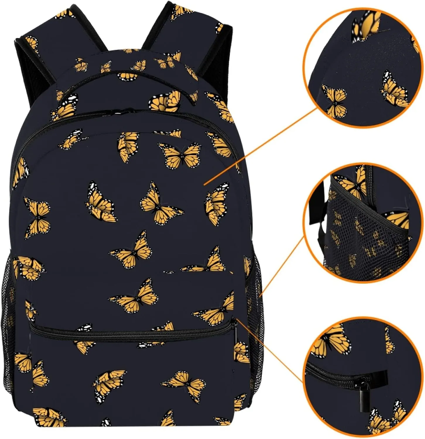 Yellow Butterfly Black Background Casual School Backpack for Teen Girls Boys, Shoulder Bag for Men Women