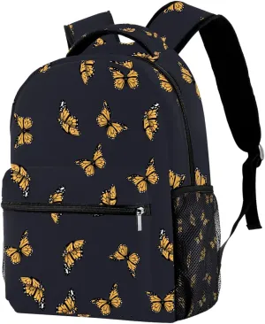Yellow Butterfly Black Background Casual School Backpack for Teen Girls Boys, Shoulder Bag for Men Women