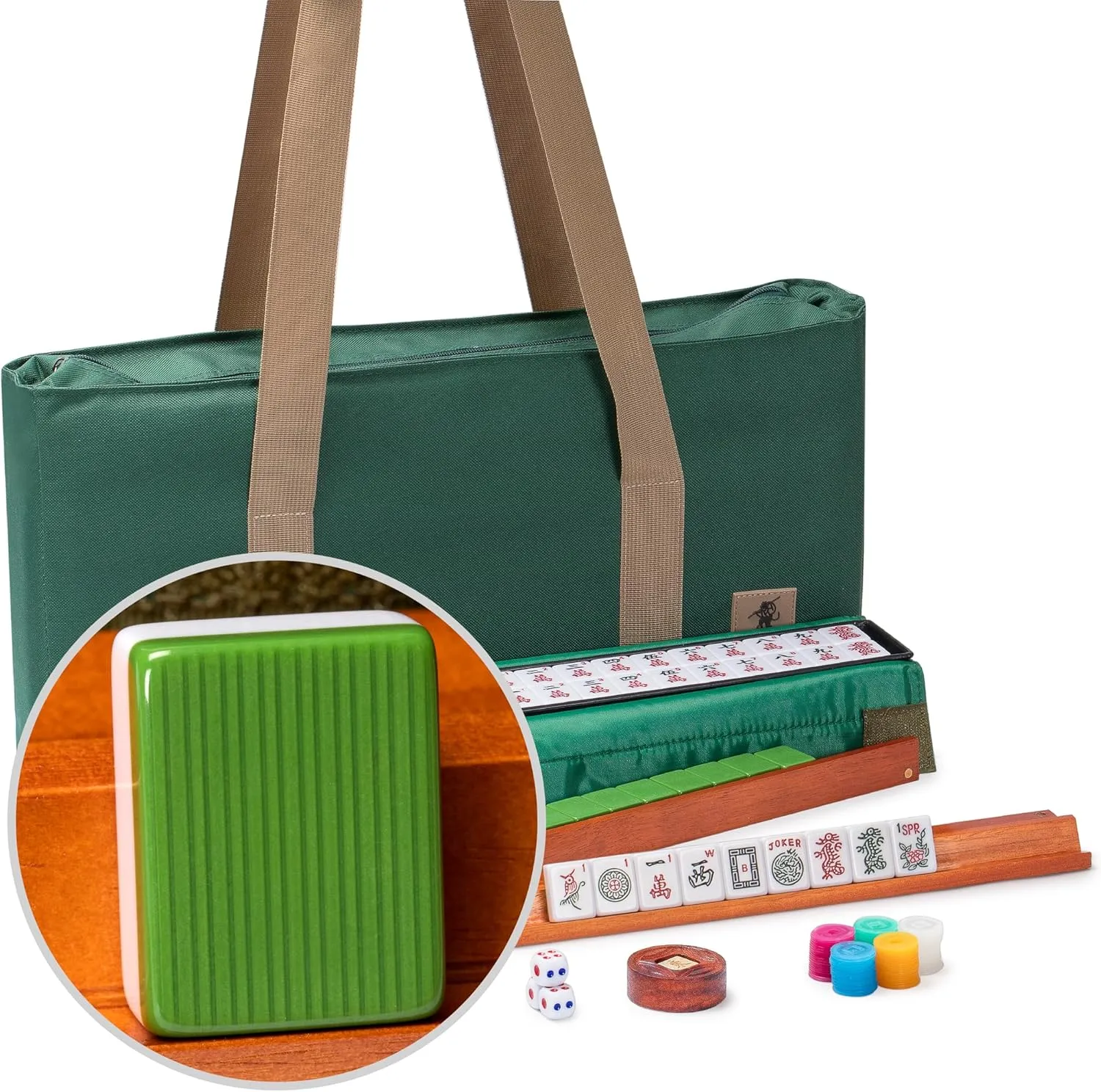Yellow Mountain Imports American Mahjong Set, Huntington with 166 Melamine Mahjong Tiles, Mineral Green Soft Case - 4 All-in-One Racks with Pushers, Scoring Coins, Dice, and Wind Indicator