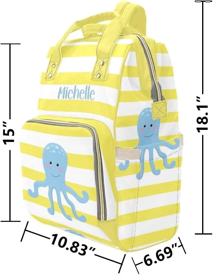 Yellow Striped Octopus Personalized Diaper Backpack Custom Name Multi Function Diaper Bag Travel Daypack Nursing Nappy Baby Bag