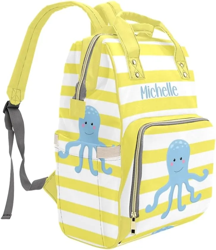 Yellow Striped Octopus Personalized Diaper Backpack Custom Name Multi Function Diaper Bag Travel Daypack Nursing Nappy Baby Bag