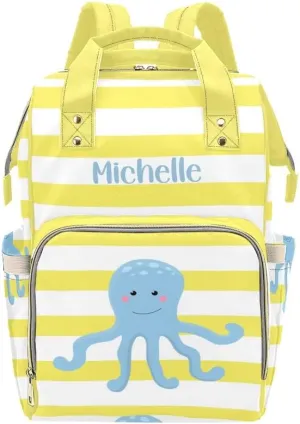 Yellow Striped Octopus Personalized Diaper Backpack Custom Name Multi Function Diaper Bag Travel Daypack Nursing Nappy Baby Bag