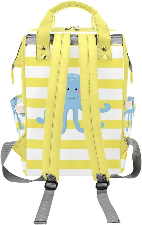 Yellow Striped Octopus Personalized Diaper Backpack Custom Name Multi Function Diaper Bag Travel Daypack Nursing Nappy Baby Bag