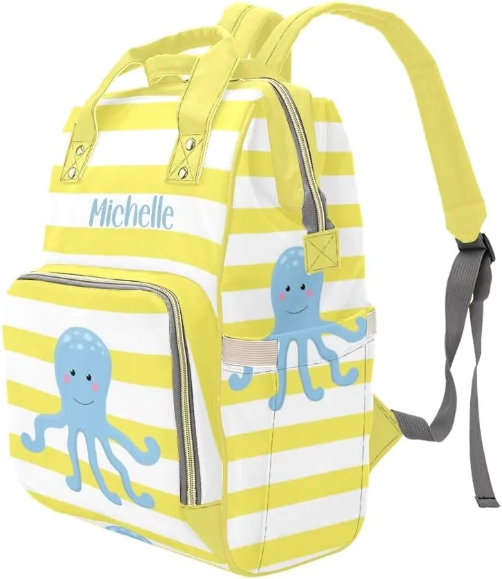 Yellow Striped Octopus Personalized Diaper Backpack Custom Name Multi Function Diaper Bag Travel Daypack Nursing Nappy Baby Bag