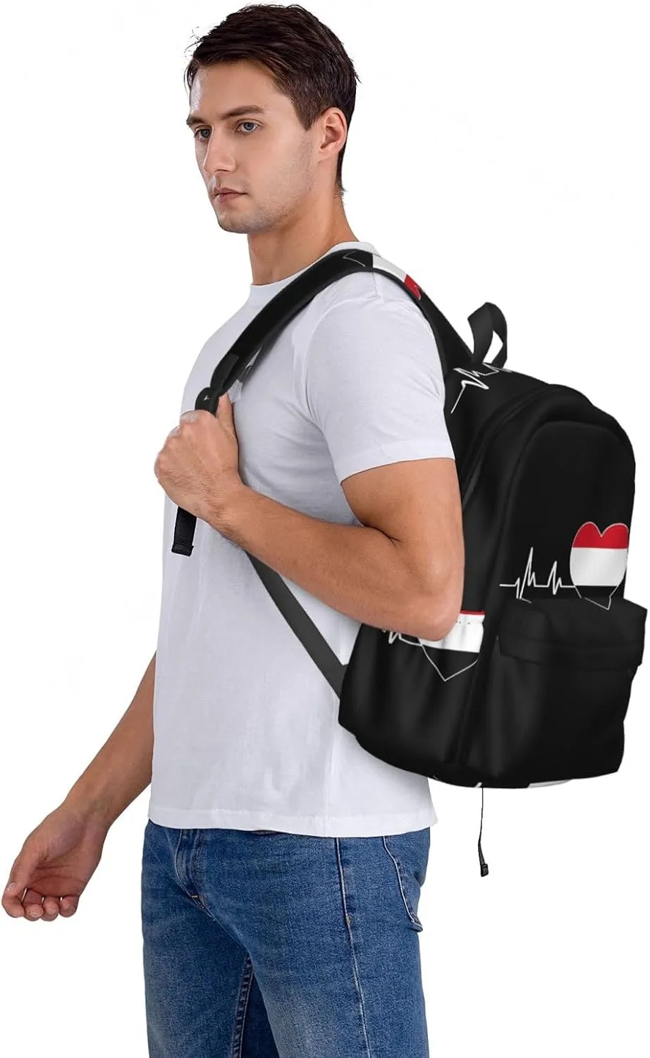 Yemen Yemeni Yemenian Flag Hearts Beats Casual Backpack Large Capacity Travel Backpacks Laptop Daypack Commuter Rucksack Adjustable Strap Sports Bags for Hiking Biking