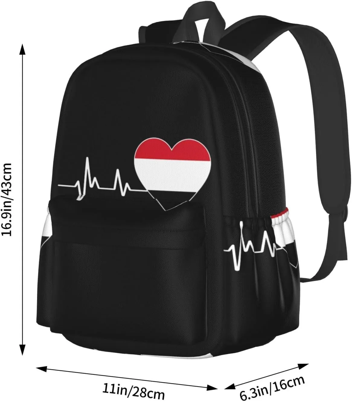 Yemen Yemeni Yemenian Flag Hearts Beats Casual Backpack Large Capacity Travel Backpacks Laptop Daypack Commuter Rucksack Adjustable Strap Sports Bags for Hiking Biking