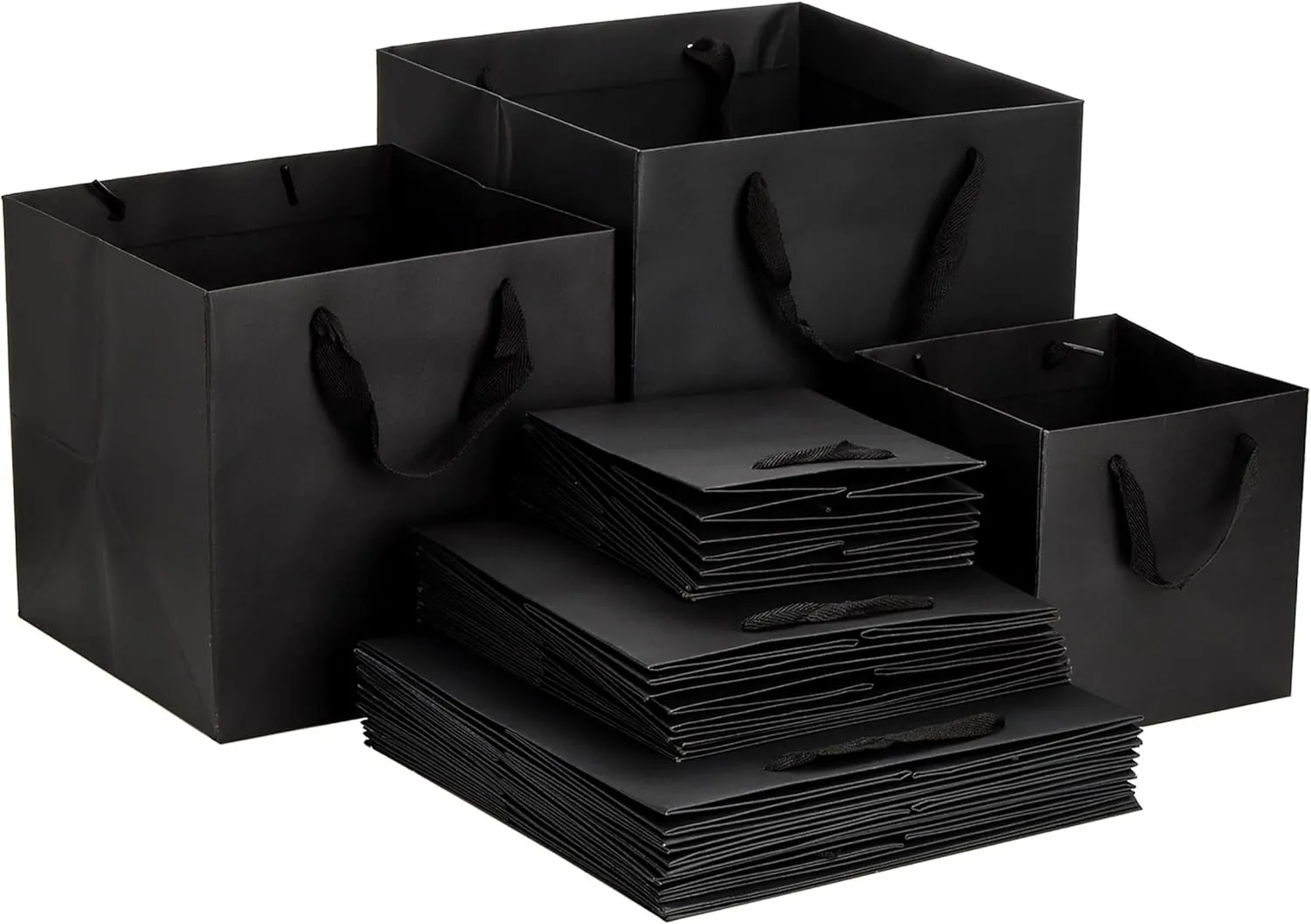 Yesland 30 Pack Black Kraft Paper Square Gift Bags, 3 Sizes with Ribbon Handles, Reusable Large Retail Business Packaging Bags for Goodie Party Wedding Present (10'', 8'', 6'')