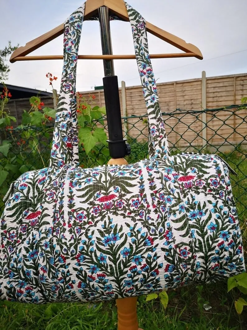 Yille Handmade Cotton Block Print Duffle Travel Bag Gym Yoga Bag,Quilted Bag Everyday use Gift for Someone Special Occasionally (White Temple)