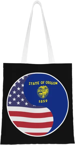 Yin Yang Flag Combination Of America And Oregon Tote Bag for Women Canvas Shopping Bags Reusable Large Capacity Casual Shoulder Handbags Grocery Bags DIY Gift Bags